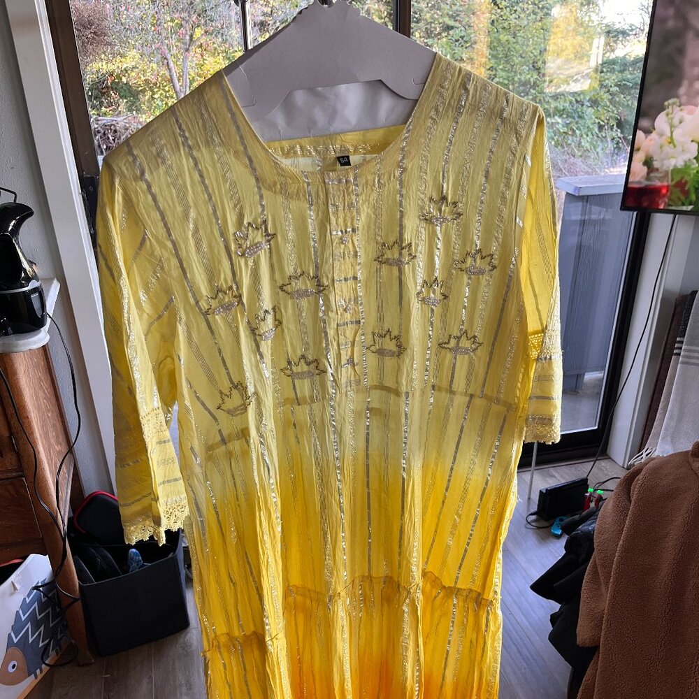 Ladies Embroidered Cotton Anarkali Kurti, White And Yellow (Base) - Size 54